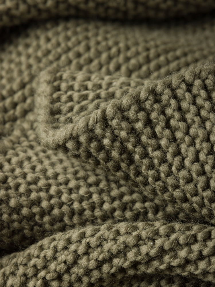 Wool Purl Knit Throw Cocoa Olive / 55.11"L x 70.86"W