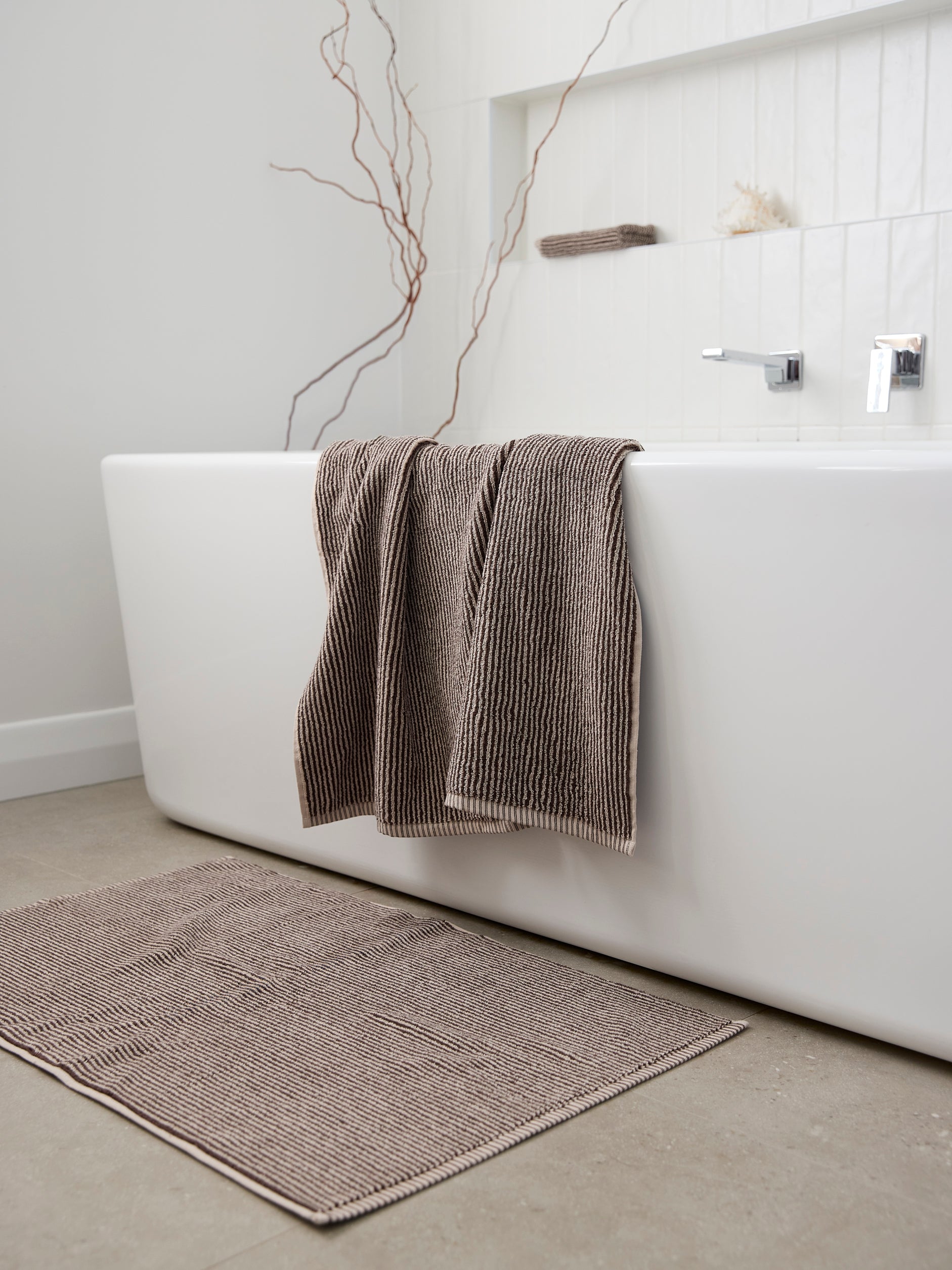 Stripe Cotton Bath Mat Cocoa/Bone / Bath Mat